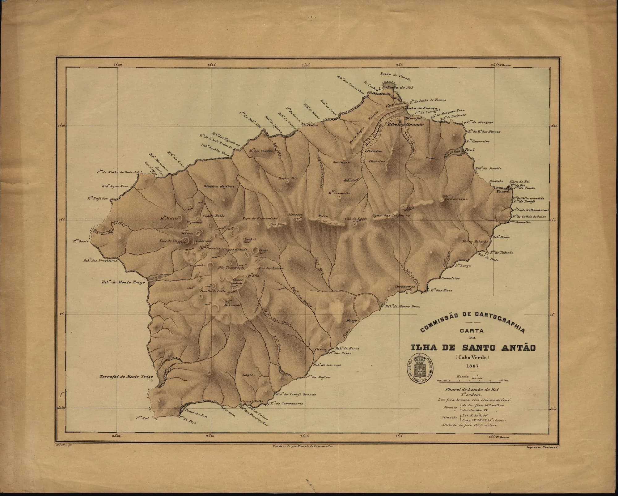 Carta da Ilha de Santo Antão (Cabo Verde), levantada pela Comissão de Cartographia em 1887, com o Paul assinalado
