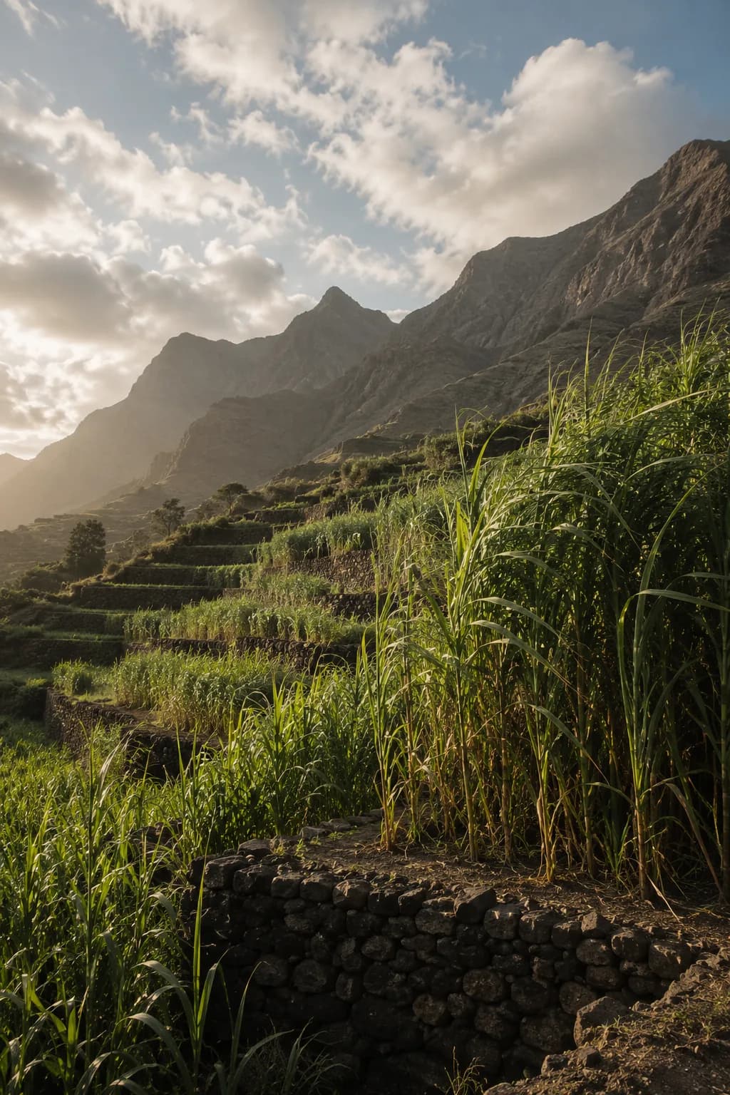 Cana-de-açúcar cultivada em socalcos de pedra basáltica, nas encostas do Vale do Paul